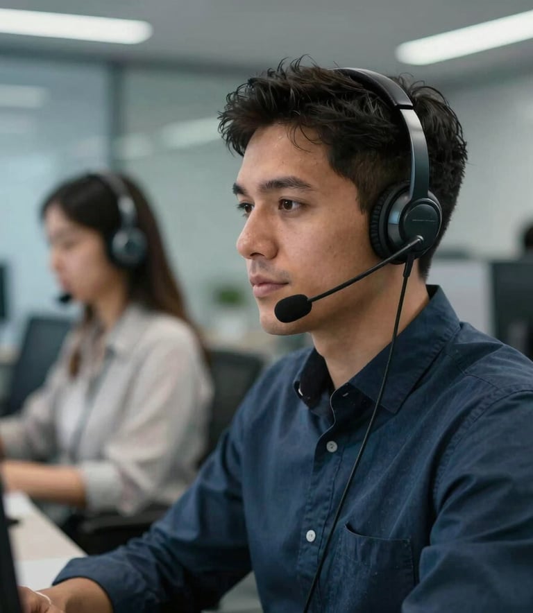 A professional South American person wearing a headset in a modern, clean call center environment, focused expression, blurred office background with steel blue and midnight blue tones.