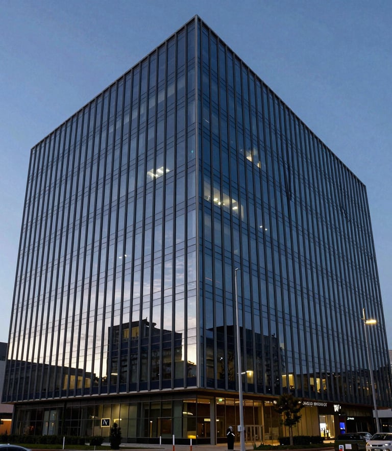 Exterior of a contemporary South American glass office building at dusk, reflecting deep navy blue and steel blue sky colors, professional architectural photography.