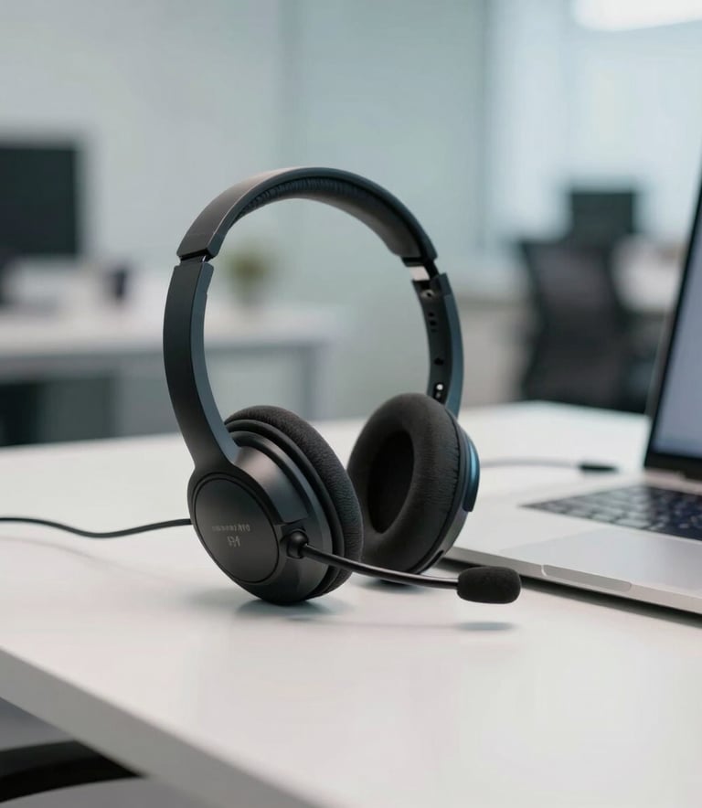 Close-up photography of a professional workstation in a Brazilian office. A modern, high-quality headset sits on a clean white desk next to a laptop. The background is a soft-focus office interior with light blue and grey tones, creating a sense of quiet efficiency and technical competence.