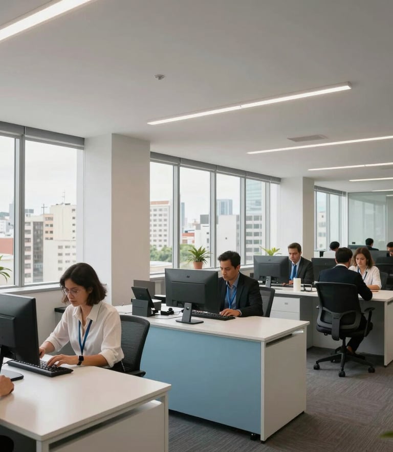 A wide-angle shot of a modern office environment in Brazil. Large windows reveal a cityscape. The interior features clean lines, white and light blue furniture, and professional employees focused on their work, conveying trust and growth.