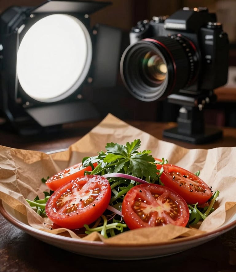 A photographer in a North American / US restaurant setting, capturing a close-up of a Deep Crimson tomato salad on a Crisp Parchment colored plate, using professional studio lighting.