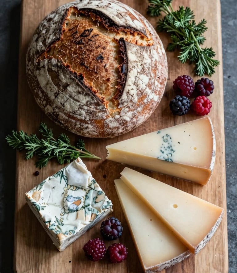 A high-angle, rustic flat-lay of artisanal sourdough bread and local cheeses on a wooden board in a North American / US kitchen. Hints of Deep Ripe Crimson from fresh berries and Matte Forest Green herbs complete the composition.