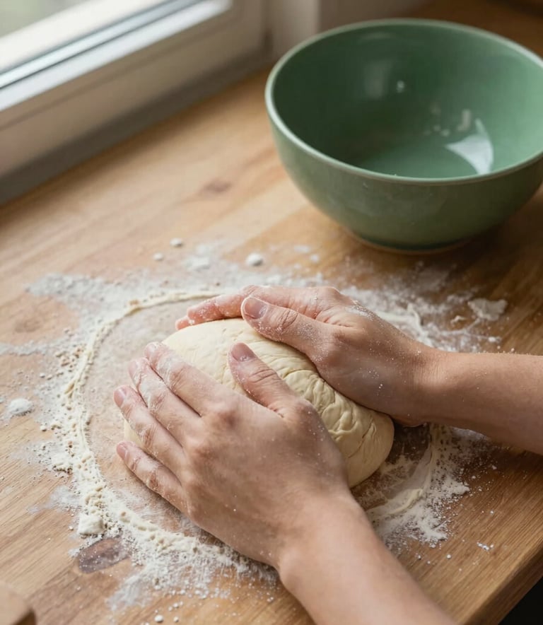 A top-down photographic shot of hands kneading fresh dough on a wooden surface in a North American / US artisanal bakery, with a Matte Forest Green ceramic bowl nearby and soft window light.