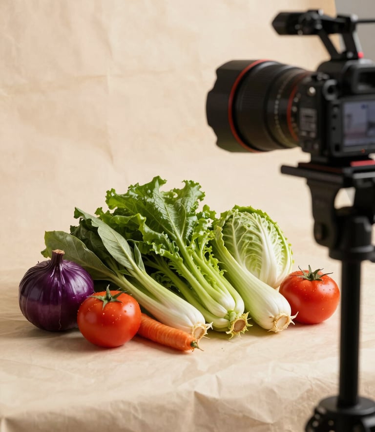 Behind-the-scenes photography of a professional content creator in a North American / US studio shooting a video of fresh, vibrant vegetables against a Crisp Parchment background.