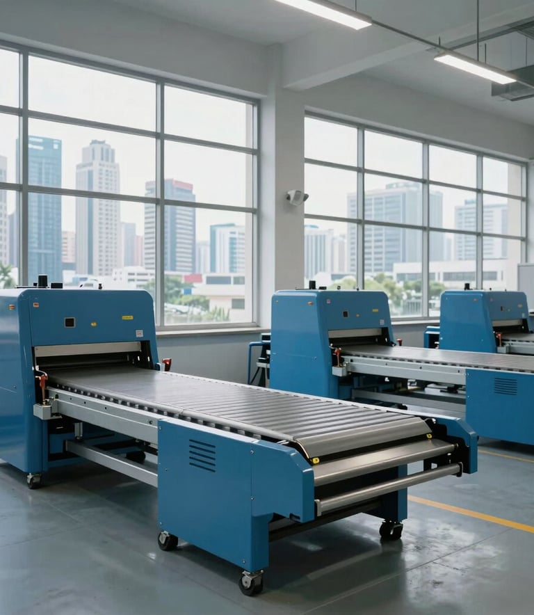 A bright, high-tech logistics center interior with large windows showing a South Asian urban skyline. The facility is filled with medium blue sorting equipment. Clean, modern photography emphasizing technological efficiency.