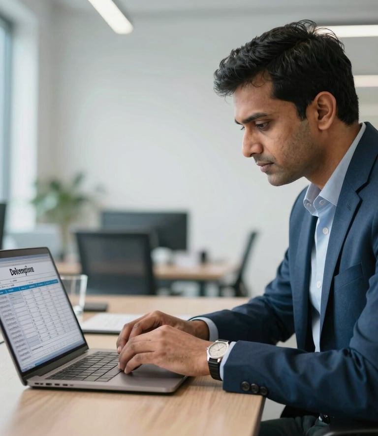 A professional South Asian manager in a modern office in India, reviewing delivery logistics schedules on a laptop screen. The background is a clean, bright office space with soft natural lighting and medium blue accents, conveying a sense of unwavering reliability.