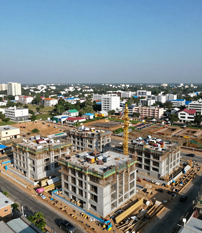 A wide-angle aerial drone photograph of a modern residential construction project in a South Asian / Indian urban area. The sky is a clear sky blue, and the building structures show organized progress under a professional construction management protocol.