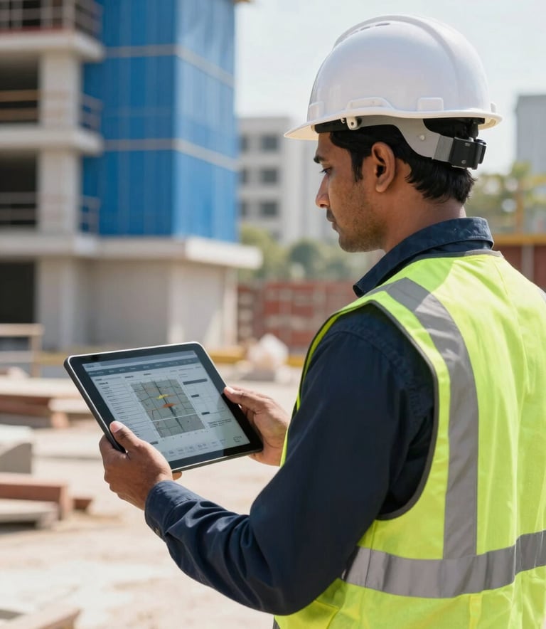 A professional site supervisor in a South Asian / Indian construction environment, wearing a safety vest and helmet, holding a digital tablet that displays a site progress dashboard. The lighting is bright and clear, with deep navy and steel blue accents in the background architecture.
