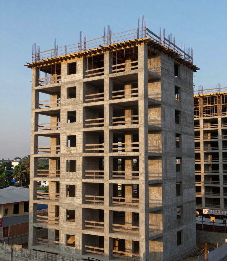 A cinematic shot of a modern residential project under construction in a South Asian / Indian neighborhood in Chennai, captured at golden hour with soft sunlight hitting the concrete structures and steel blue sky in the background.