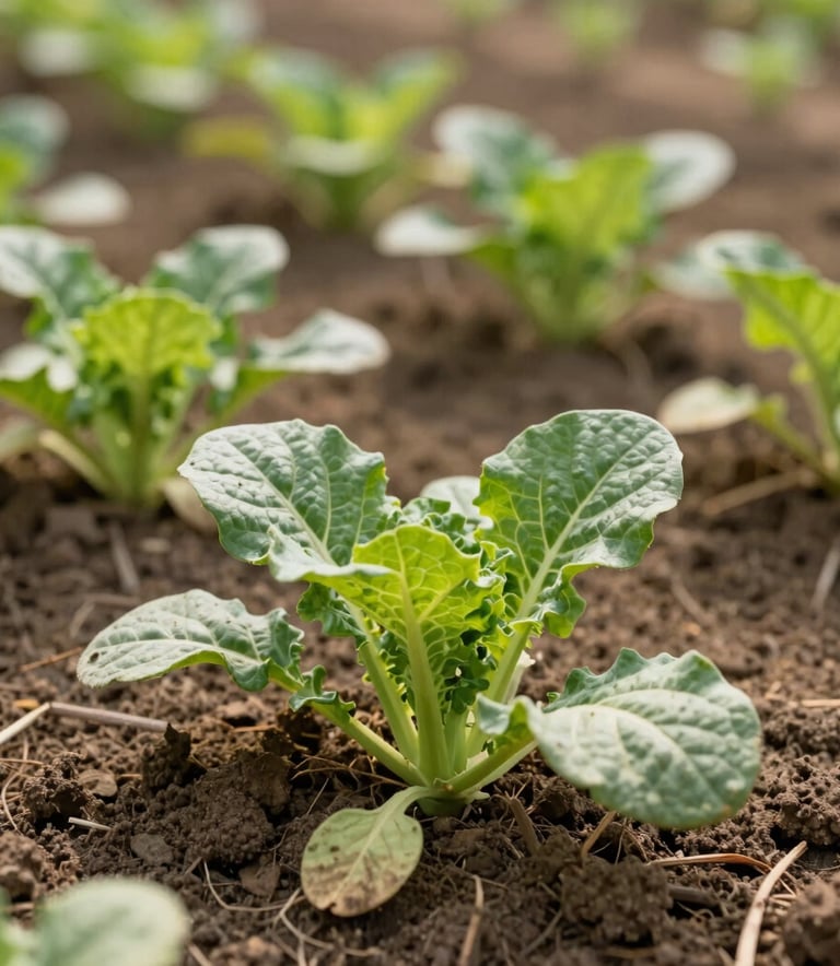 A close-up photograph of healthy, vibrant organic vegetables growing in rich, dark soil in a Saudi Arabian agricultural facility. Soft, natural sunlight filters through, emphasizing the health and quality of the produce. The composition is clean and professional, using brown and green tones from the brand palette.