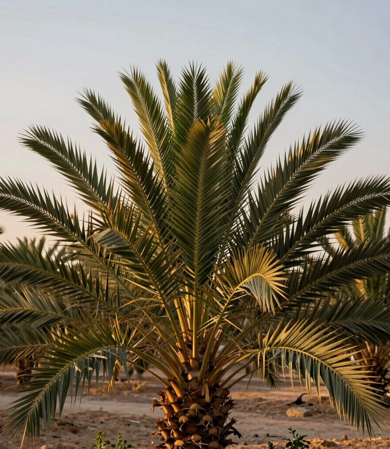 Close-up of healthy green palm fronds in a Saudi Arabian date plantation during the golden hour, deep green and brown tones, professional composition.