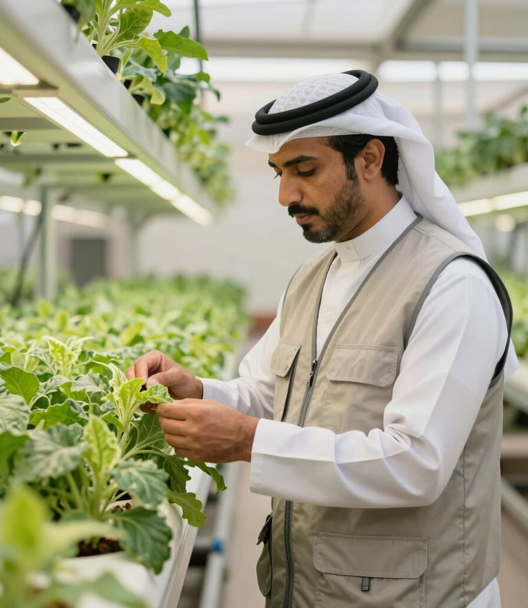 A professional Middle Eastern agricultural expert in a modern utility vest, standing inside a high-tech hydroponic farm in Saudi Arabia, examining plant growth under clean bright lighting, medium green and off-white color tones.