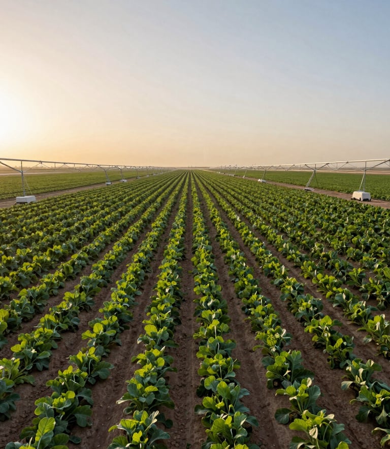 A wide-angle professional photograph of a sprawling modern farm in Saudi Arabia at dawn. Orderly rows of green crops stretch towards the horizon, equipped with advanced drip irrigation systems. The lighting is soft and golden, highlighting the lushness of the agricultural project and the reliability of the technology.