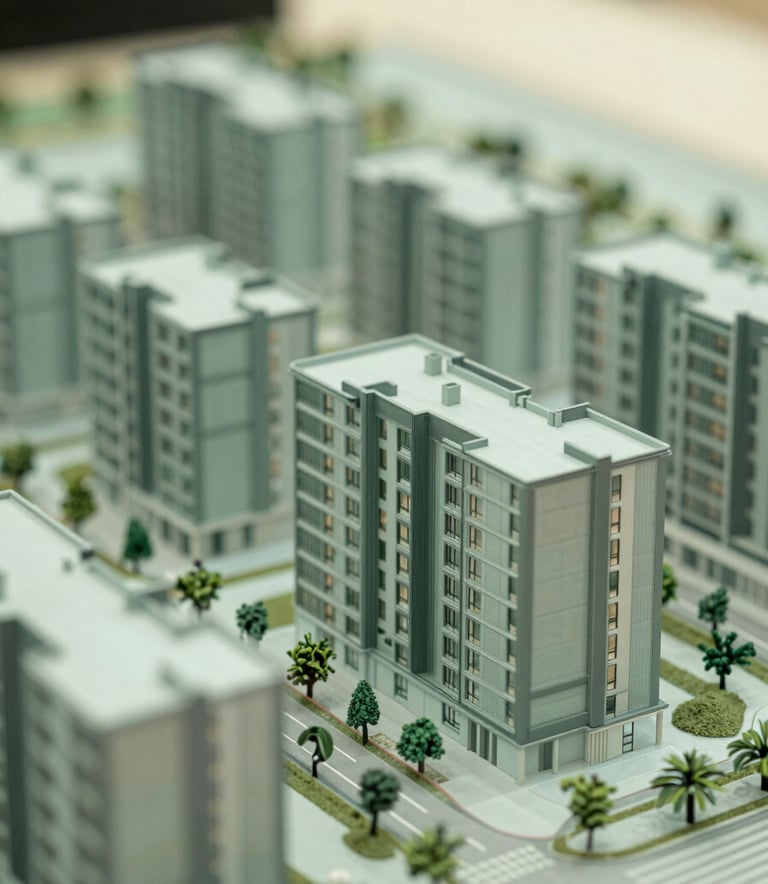 A detailed close-up of a high-quality architectural model for a modern housing development, showcasing clean lines and professional design. The lighting is bright and clear, with subtle tones of #4F7E6C and #A8C9B9 integrated into the model's textures.