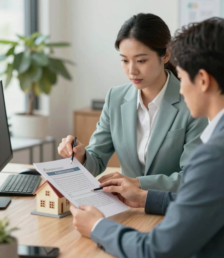 A professional office environment where a consultant and a client are reviewing housing finance documents. The scene is lit with warm, natural light and features corporate decor in #A8C9B9 and #F7F9F8, projecting trustworthiness and expertise.