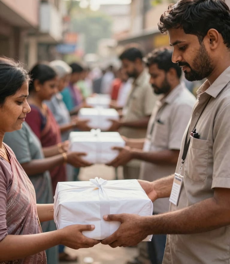 A group of professional volunteers in Bangalore distributing nutritious meals and healthcare kits to a community, warm natural lighting, soft focus on the background urban setting, featuring colors like #856F5E and #C1B4A5.
