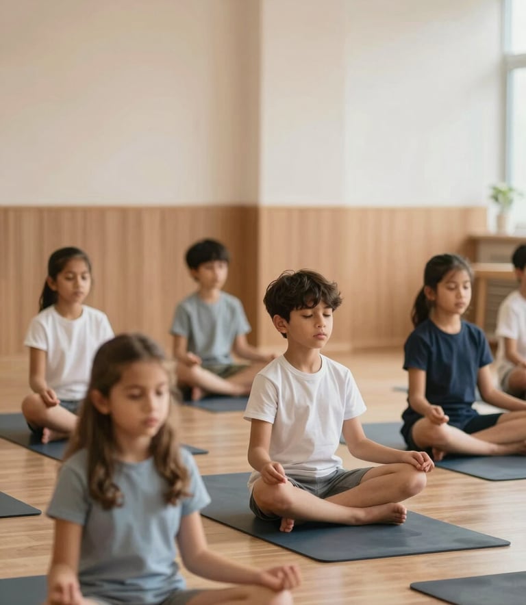 Children in a bright classroom participating in a Yoga and Veda class in Bangalore, peaceful and modern setting, professional photography, warm wooden textures in #856F5E and soft walls in #FDFBF8.