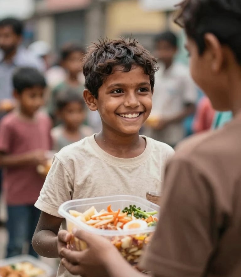 A compassionate scene of food distribution to underprivileged children in an urban Bangalore setting. The image is captured with a shallow depth of field, highlighting the genuine smiles. Colors include soft browns #856F5E and warm creams #FDFBF8 in the clothing and surroundings, radiating trustworthiness.