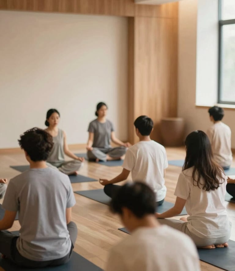 A high-quality, professional photograph of a peaceful Yoga and Veda chanting class in Bangalore. The setting is clean and modern with warm wooden accents reflecting #362C25 and soft beige walls #C1B4A5. The lighting is soft and natural, conveying a sense of profound peace and cultural heritage.