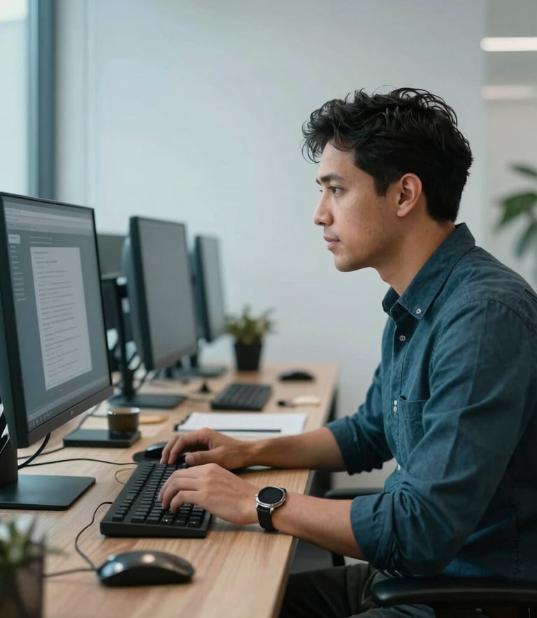 Photography of a professional South American software engineer in a modern office, focused on a sleek workstation. Soft, natural lighting highlights the sophisticated textures of the workspace. Composition is a medium shot emphasizing an innovative work environment. Colors include dark charcoal teal and pale sky blue.