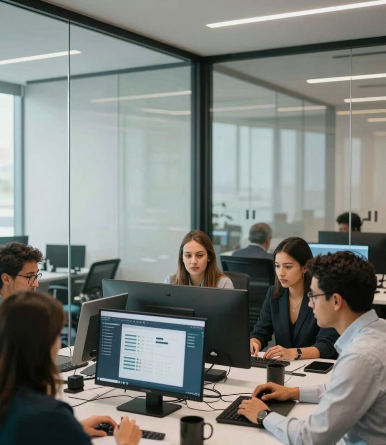 Wide shot of a sophisticated Brazilian corporate office with glass walls, showcasing a team collaborating on a custom software project in a professional atmosphere with soft white and dark teal accents.