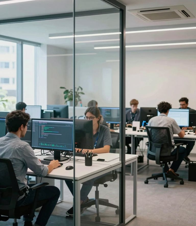 Photography of a bright, contemporary software studio in a Brazilian metropolis. Professional developers are seen in the background collaborating at clean desks. The foreground shows a glass partition. Sophisticated atmosphere with cool white and muted slate blue tones.