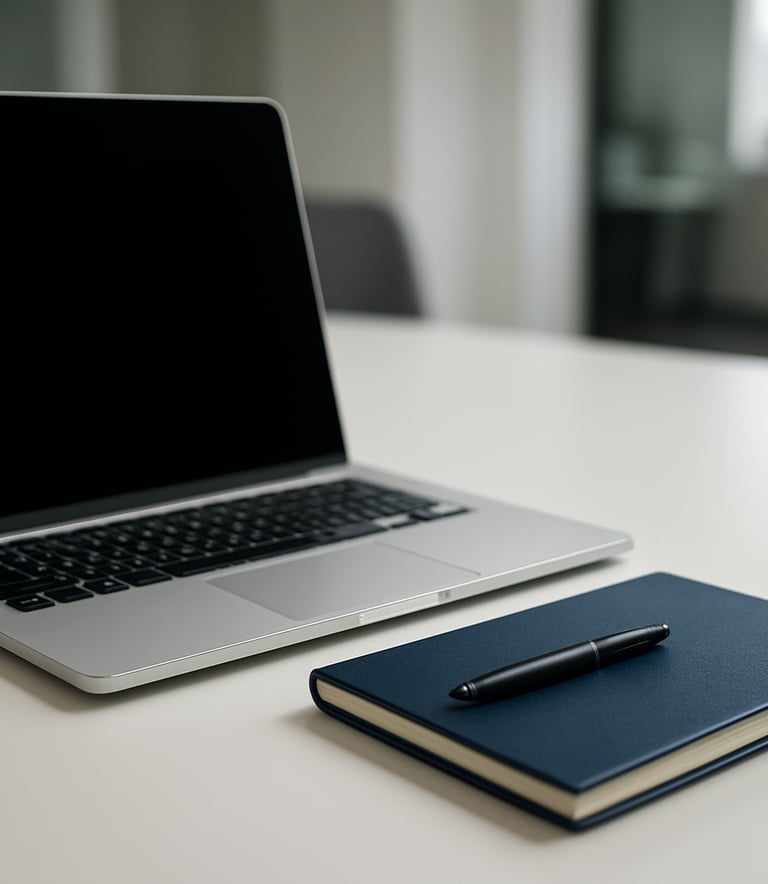 A sharp, close-up photograph of a professional workspace in Brazil. A sleek laptop sits on a white desk next to a deep blue notebook and a modern black pen. The lighting is soft and natural, emphasizing a clean and data-driven environment. The background is slightly out of focus, showing a modern, minimalist office interior.