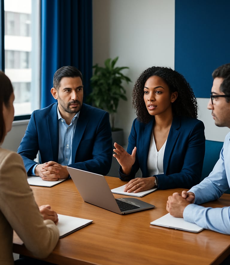 A professional South American / Brazilian corporate meeting room with natural sunlight. A diverse team is discussing marketing strategy around a wooden table. High-end photography, sharp focus, vibrant yet professional mood, royal blue accents in the decor.