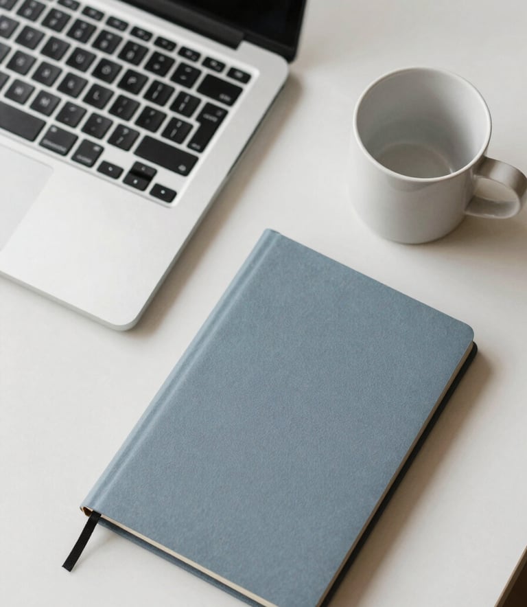 A top-down view of a clean desk in a North American / International office. A silver laptop, a steel blue grey notebook, and a soft off-white ceramic cup. Modern, minimalist, and professional.