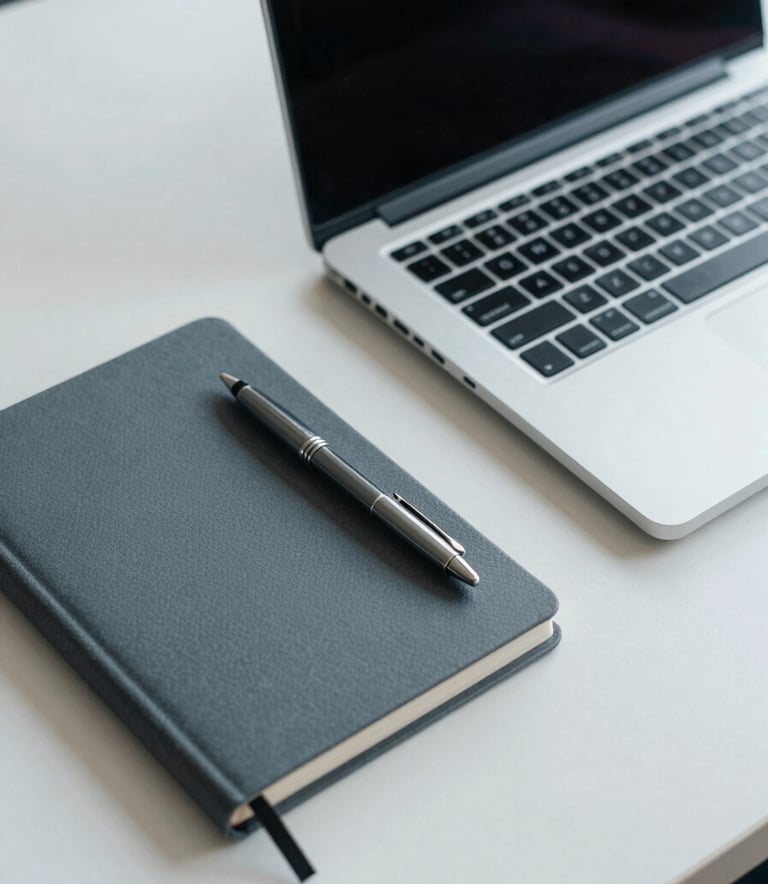 A close-up of a minimalist, organized desk in a North American / International office setting. A modern silver laptop, a charcoal grey notebook, and a premium pen are arranged neatly. The lighting is soft and professional, emphasizing a palette of muted slate blue and soft off-white.