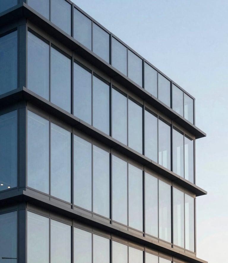 An architectural shot of a modern North American / International office building with steel blue grey steel and light powder blue glass panels reflecting a clear sky. Clean lines and minimalist design.