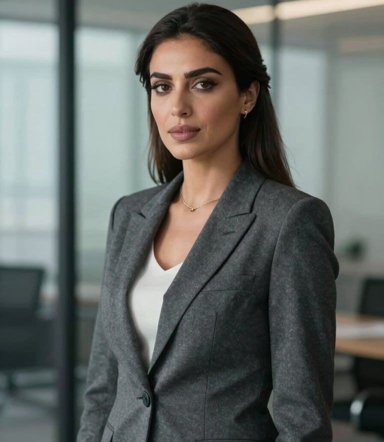 A professional portrait of a woman representing Dina Aladawy in a modern North American / International business environment. She is dressed in a sophisticated charcoal grey blazer, standing in front of a blurred glass-walled office with soft cloud grey tones.