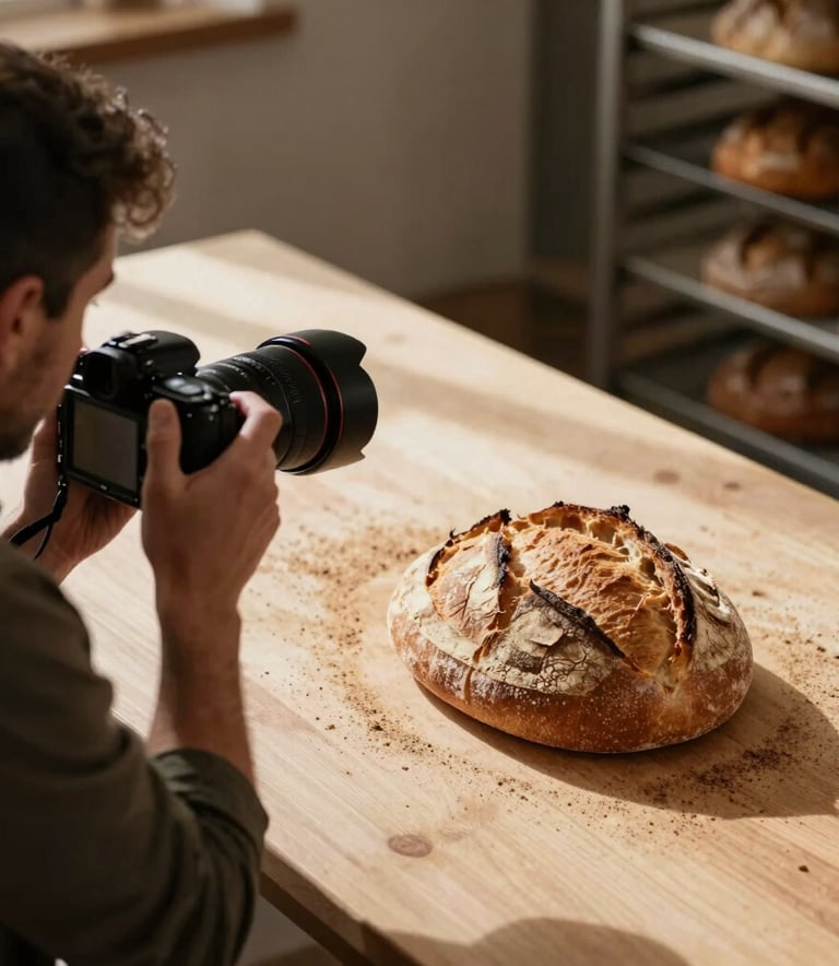 A professional photographer in Western / North American attire at work in a sunlit studio, capturing a high-contrast overhead shot of fresh artisanal bread on a Warm Sand colored surface. The lighting is soft and natural, emphasizing texture and professional efficacy.