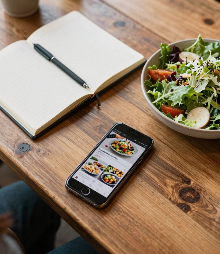 A top-down view of a content planning session on a rustic wooden table in a Western / North American cafe. Includes a notebook, a smartphone showing a food feed, and a fresh salad, all in a bright Crisp Parchment atmosphere.