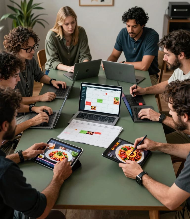 A wide shot of a professional North American content studio. A creative team is working together around a matte forest green table, planning social media calendars and looking at vibrant food photography on tablets.