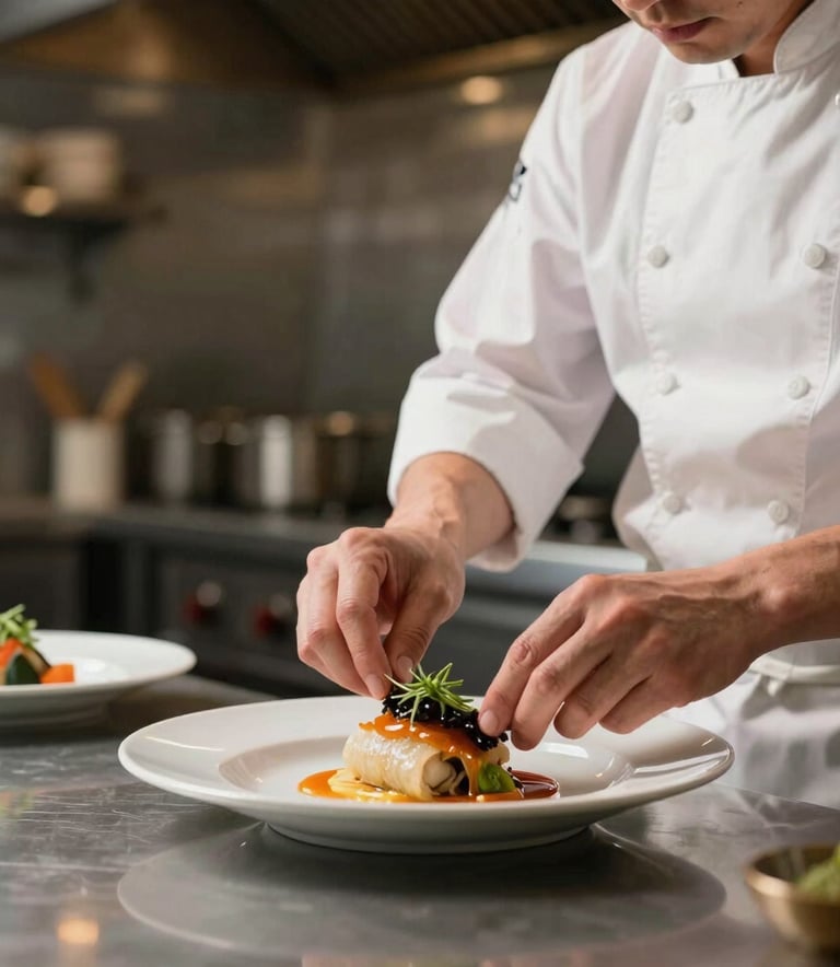 A crisp, professional photography shot of a chef in a modern North American kitchen preparing a dish with precision. Soft natural light illuminates the scene, capturing the authentic, artisanal atmosphere of a sophisticated eatery.