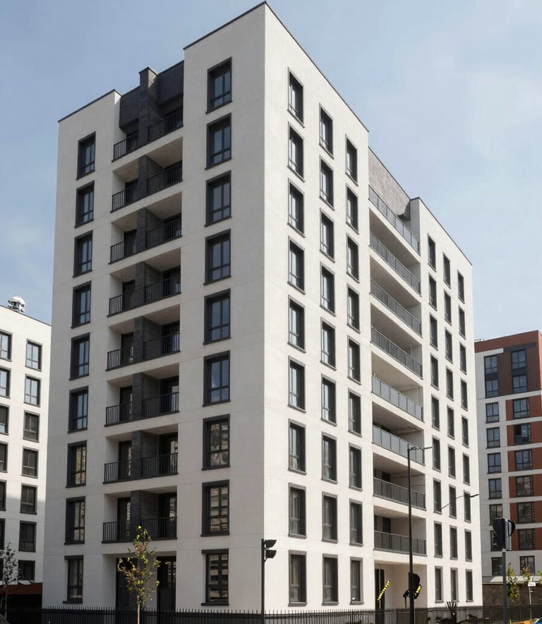 A wide-angle professional photograph of a modern residential development in Bratislava, Slovakia, showcasing precise architectural lines and high-quality materials. The lighting is bright and natural, reflecting a trustworthy and refined construction aesthetic.