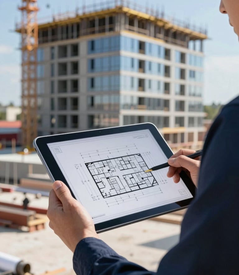 A close-up photograph of a professional engineer's hands holding a digital tablet displaying high-precision technical blueprints on a construction site. The background shows a modern Central European building under development under clear daylight. The palette features steel blue and dark navy tones.