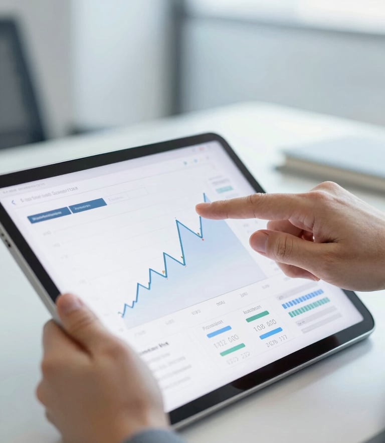 A close-up of a professional advisor's hand pointing at a clear, complex financial growth chart on a tablet. The setting is a bright, premium office with subtle #3C6B6F and #1A2F3D accents in the decor. High-end, corporate, professional lighting.