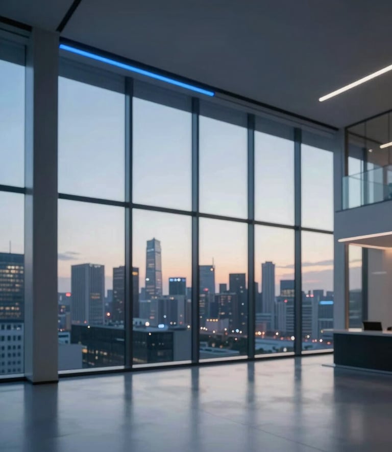 A minimalist, wide-angle shot of a modern glass office interior with a view of a city skyline at dusk. Subtle blue neon lighting accents the clean architectural lines. Professional and confident mood using colors #0F172A and #F8FAFC.