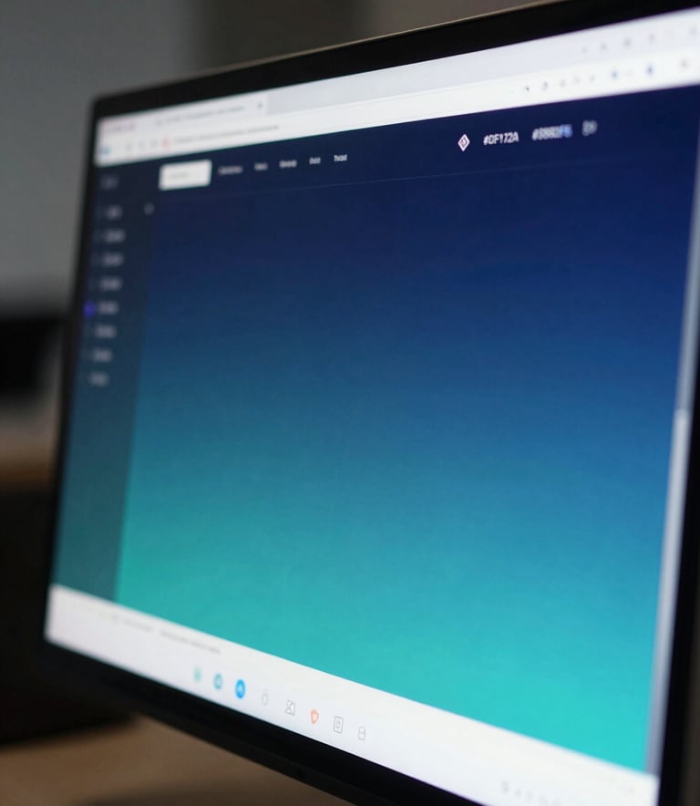 A close-up, high-end macro shot of a sleek computer screen displaying a complex, minimalist web dashboard with blue and teal gradients. The environment is a professional, dimly lit luxury office. Style is tech-inspired, incorporating colors #0F172A and #3B82F6.