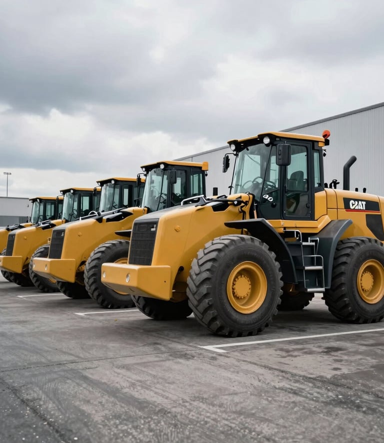Professional shot of a line of Caterpillar wheel loaders parked on an asphalt lot in a Central European distribution center, overcast daylight, industrial B2B style.