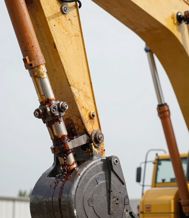Close-up detail of a hydraulic piston and joint on a heavy excavator arm, grease and steel textures, engineering precision, bright daylight.