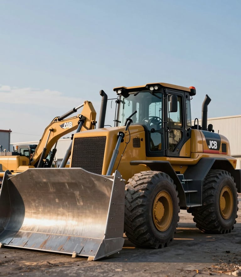 A low-angle shot of a powerful Caterpillar bulldozer and a JCB excavator parked on a professional industrial site in the Czech Republic, late afternoon sun creating strong shadows on the metallic surfaces, charcoal and orange brand tones.