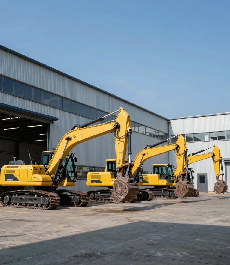 Wide shot of a clean industrial warehouse and logistics area with several yellow excavators ready for transport, blue sky, sharp industrial aesthetic, Central European architecture.