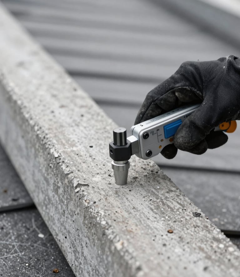 Macro shot of a structural engineer's gloved hand using a diagnostic tool on a weathered roof beam, sharp focus, technical lighting, concrete gray and steel black palette, North American / US (New York City).
