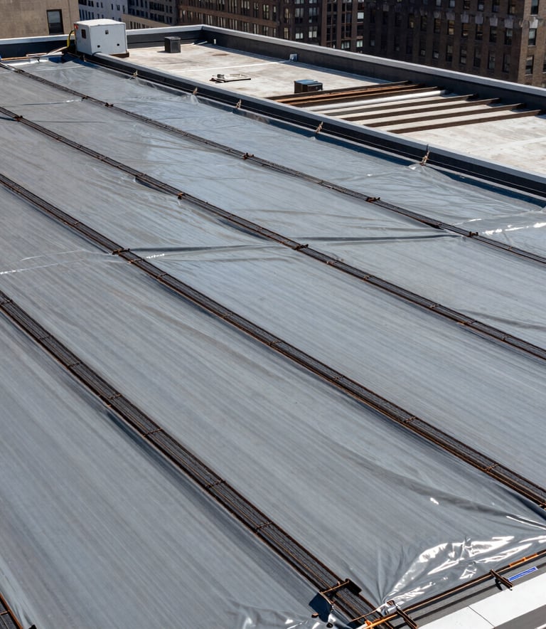 A vast commercial rooftop in New York City with newly installed gray waterproof membranes and structural steel reinforcements, wide angle, bright daylight, North American / US (New York City).