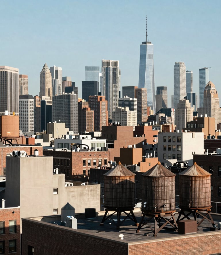 A wide-angle landscape shot of the New York City skyline focusing on varied rooftops and structural water towers. The lighting is clean and professional, emphasizing the strength and architectural stability of the urban environment.