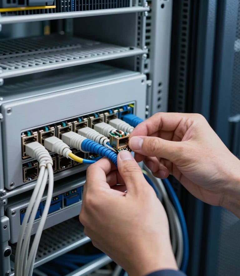 A detailed shot of a technician's hands carefully installing high-performance network cables into a server rack. The environment is a clean, climate-controlled server room with soft white and deep navy blue tones.