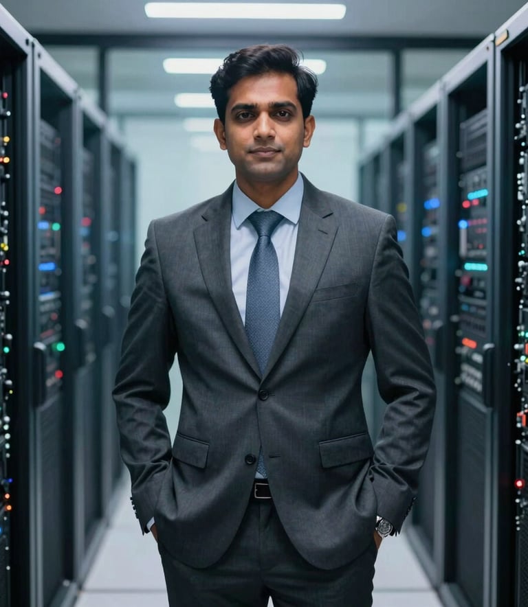 A professional South Asian IT consultant in a sharp charcoal suit standing in a glass-walled data center in Kolkata. The lighting is cool blue and white, highlighting the sleek server racks in the background. High-end, authoritative photography.